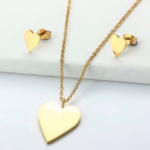Stainless Steel Gold Heart Necklace and Stud Earrings Set and Hearts Bracelet - Picture 7 of 7